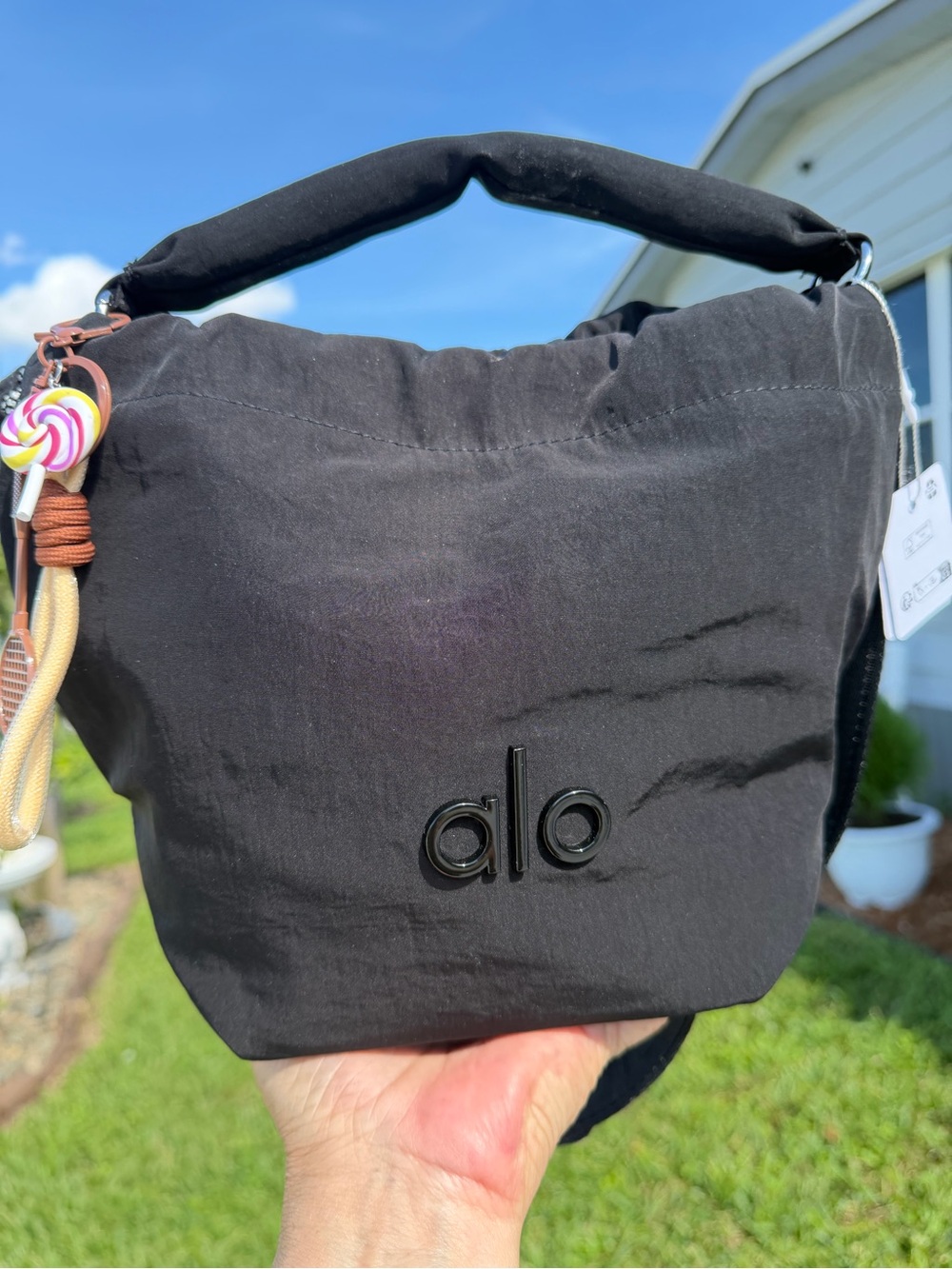 ALO Yoga Black Drawstring Mini Bucket Bag with Candy Charm - Picture 8 of 16